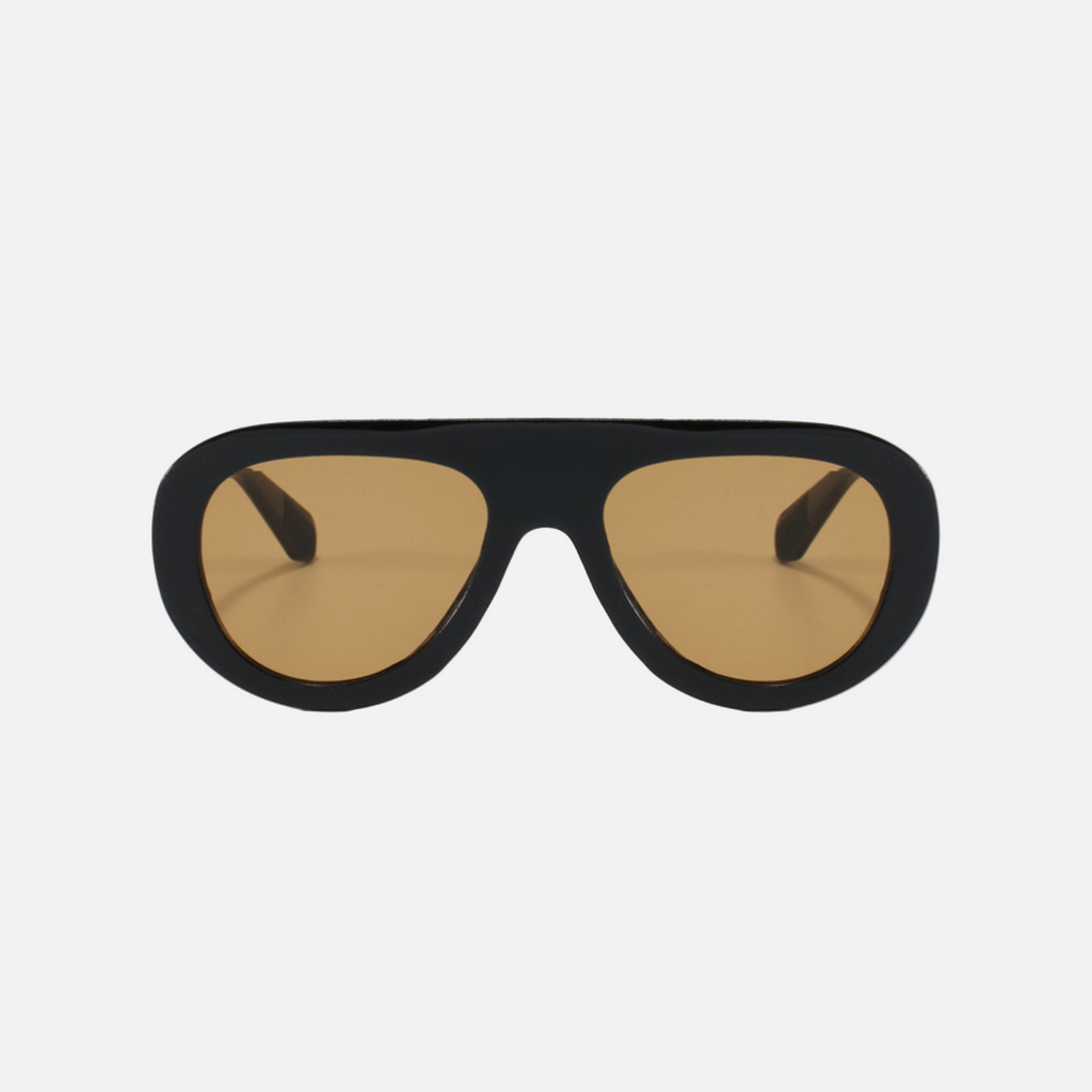 Black sunglasses with gold lenses on a white background