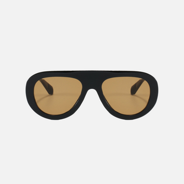 Black sunglasses with gold lenses on a white background