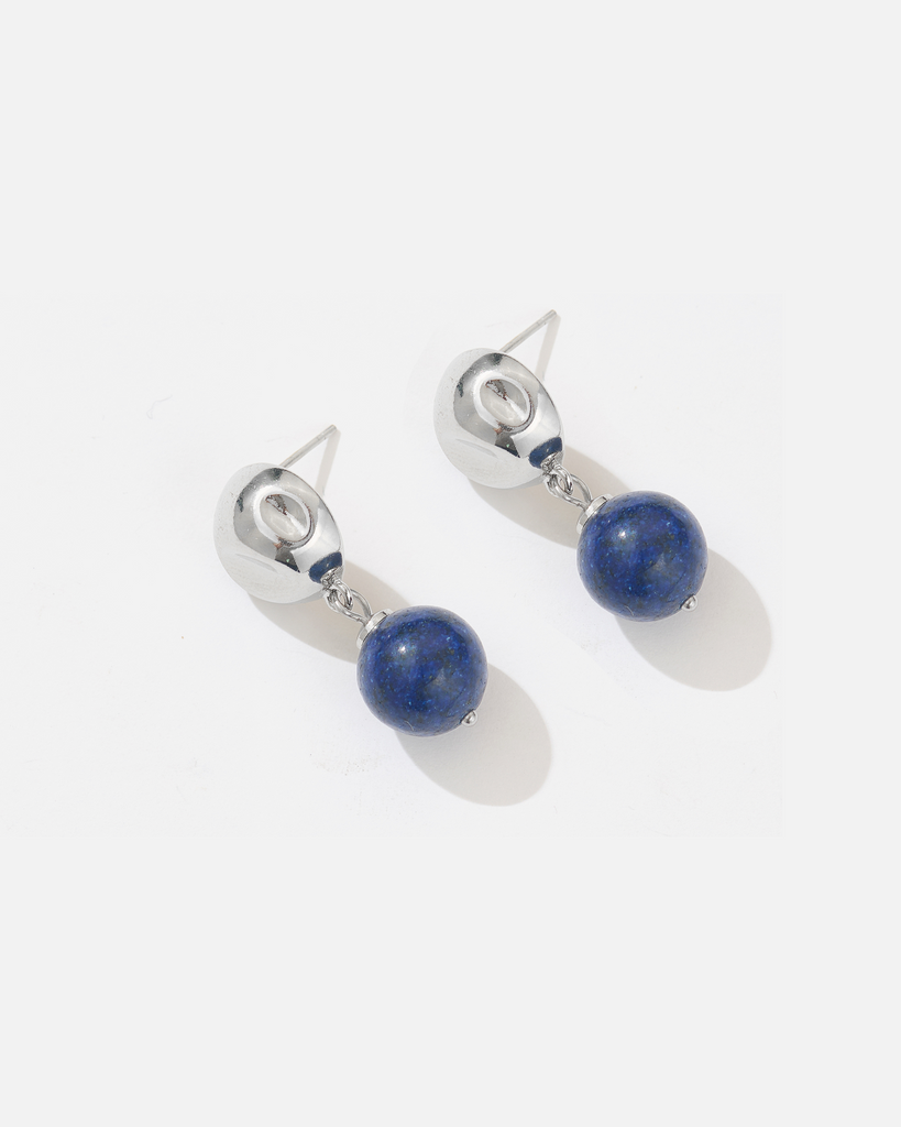 Silver stud earrings with natural lapis lazuli drop — The Dua by Beyond Stranger
